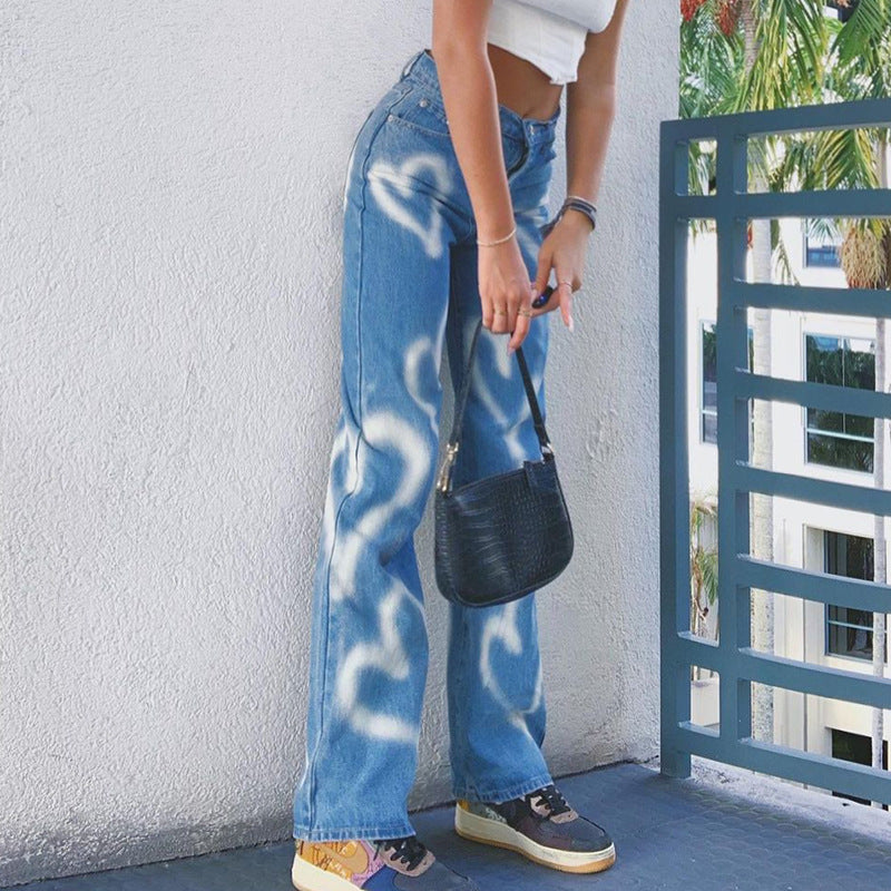 Single-breasted Pocket Denim Heart Shape Printed Jeans Pants
