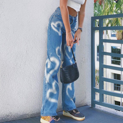 Single-breasted Pocket Denim Heart Shape Printed Jeans Pants