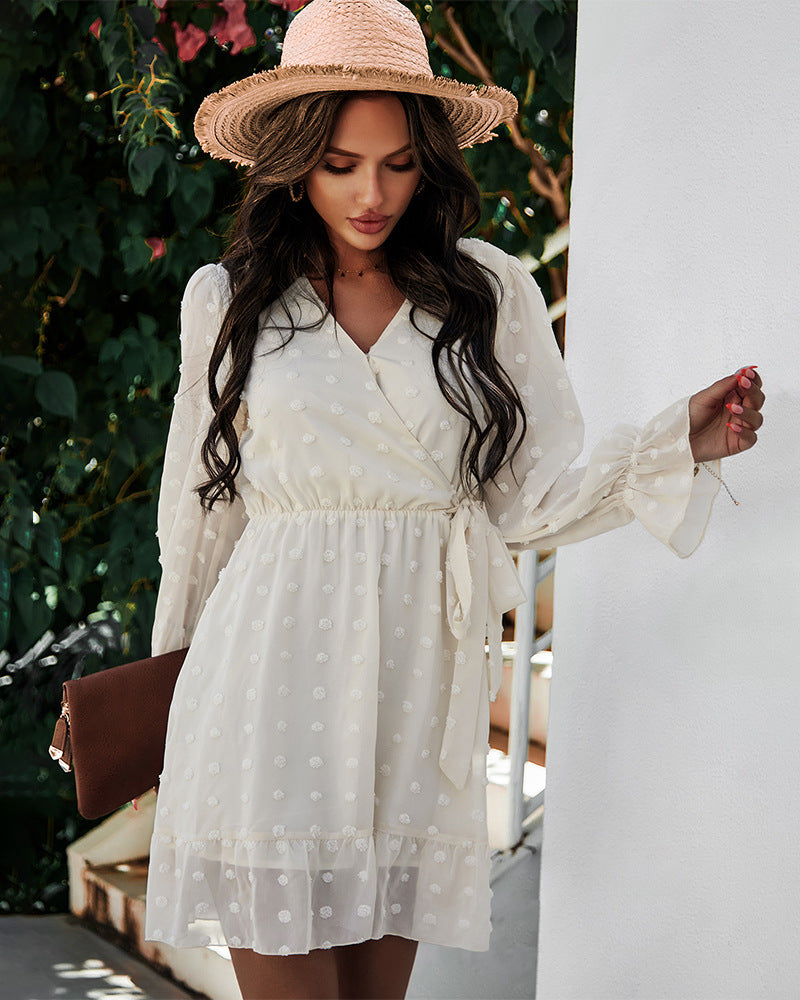 Lace-up V-neck Ruffled Flared Sleeve Mini Dresses