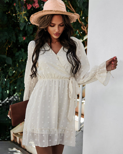 Lace-up V-neck Ruffled Flared Sleeve Mini Dresses