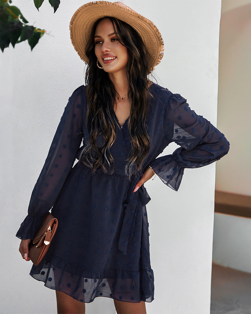 Lace-up V-neck Ruffled Flared Sleeve Mini Dresses