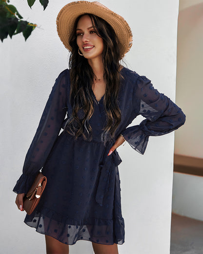 Lace-up V-neck Ruffled Flared Sleeve Mini Dresses