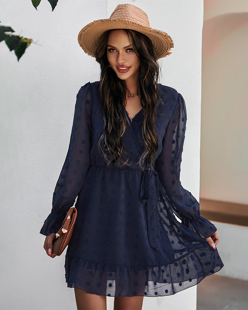 Lace-up V-neck Ruffled Flared Sleeve Mini Dresses