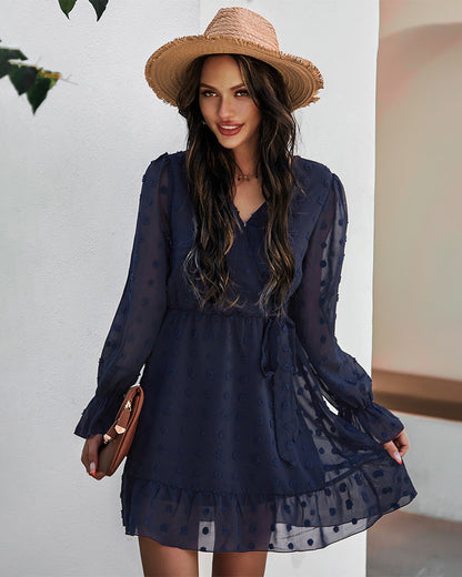 Lace-up V-neck Ruffled Flared Sleeve Mini Dresses