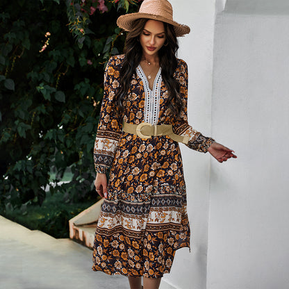 Floral V-neck Lace Slit Leg Maxi Midi Dresses