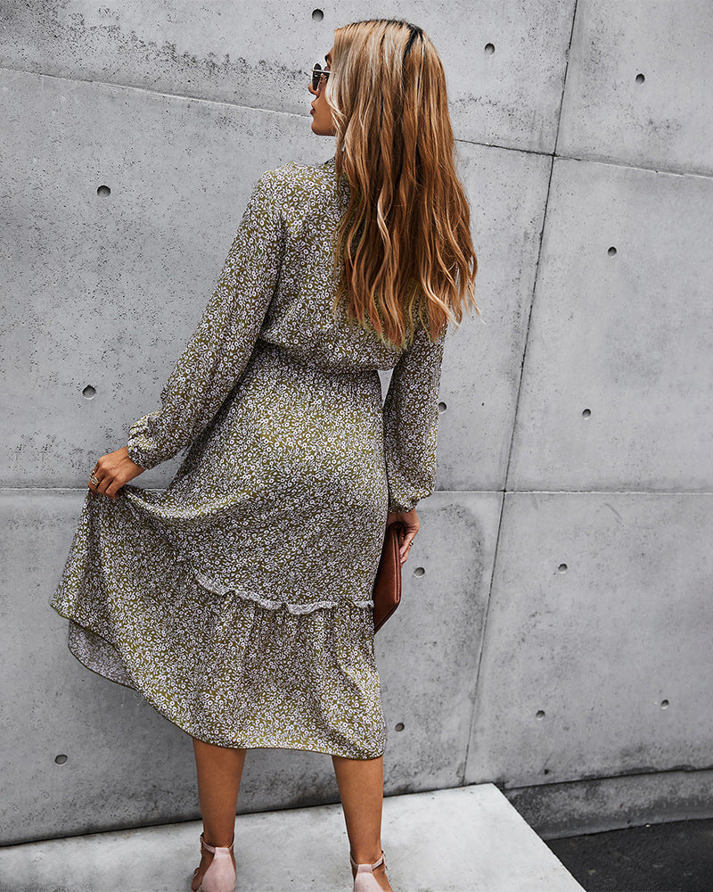 Floral V-neck Ruffles Elastic Waist Midi Dresses