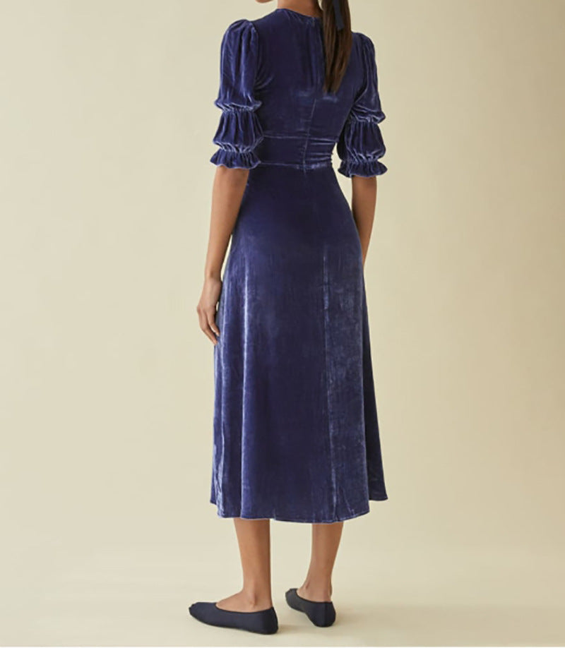 Elegant Lantern Sleeve Elastic Velvet Waist Midi Dresses
