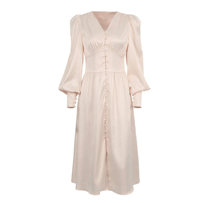 Lantern Bubble Sleeve Satin Midi Dresses