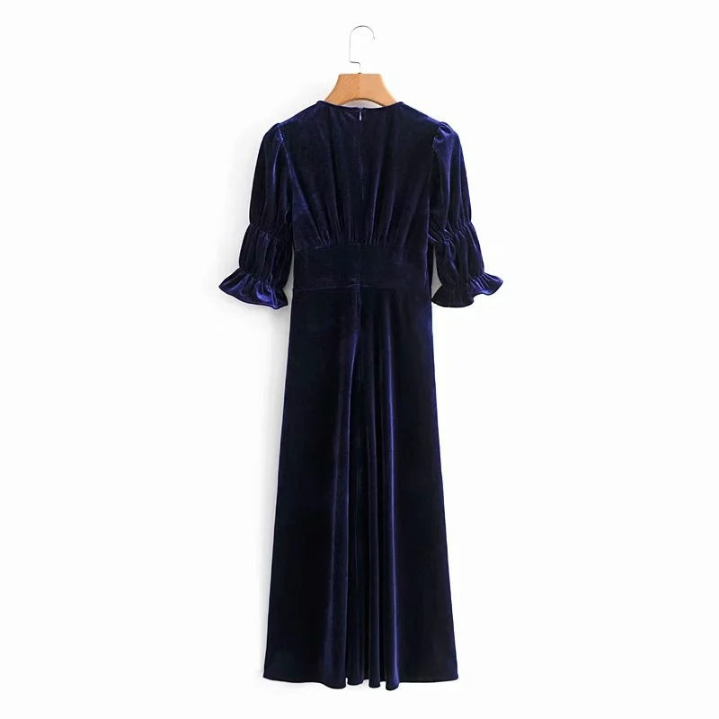 Elegant Lantern Sleeve Elastic Velvet Waist Midi Dresses