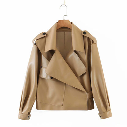 Pile Collar Pocket Crop Leather Tops Jacket Outerwear