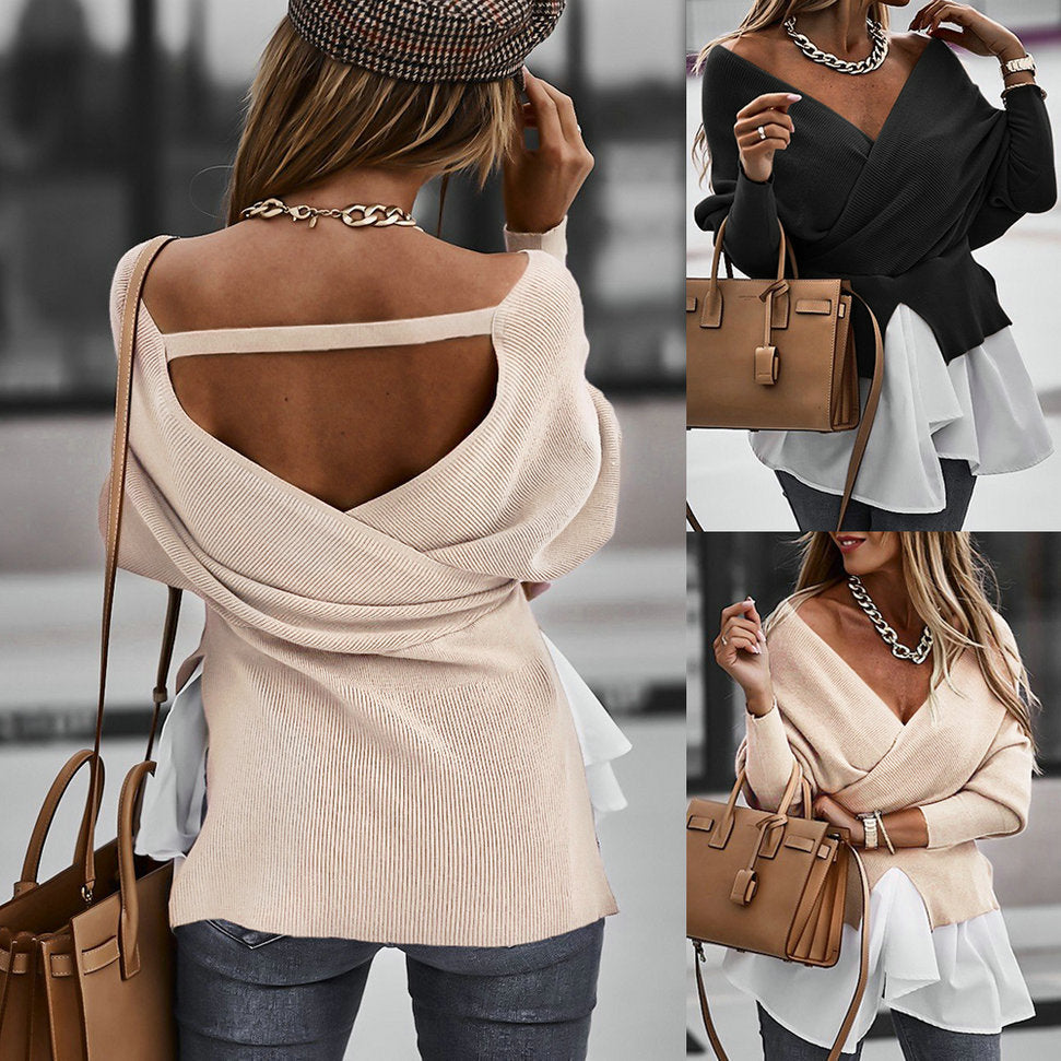 Off Shoulder V-neck Backless Lantern Sleeve Irregular Hem Shirts Blouses