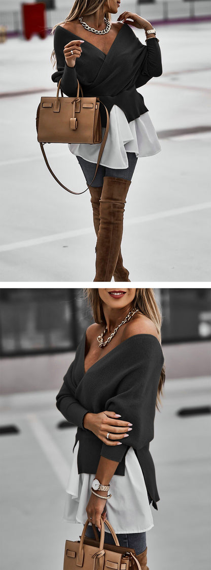 Off Shoulder V-neck Backless Lantern Sleeve Irregular Hem Shirts Blouses