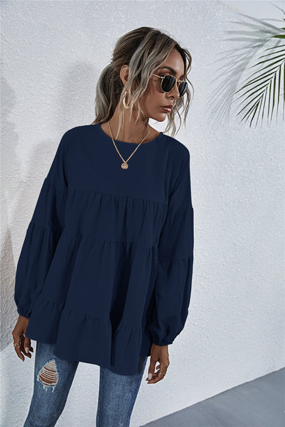 Round Neck Lantern Elastic Bubble Sleeve Blouses