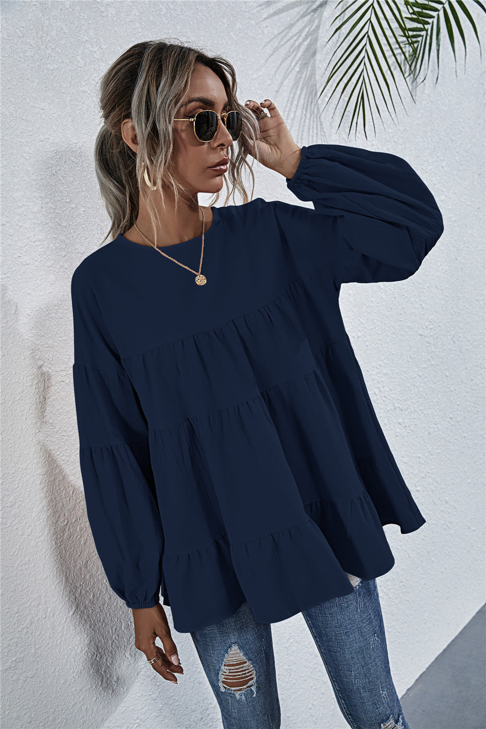 Round Neck Lantern Elastic Bubble Sleeve Blouses