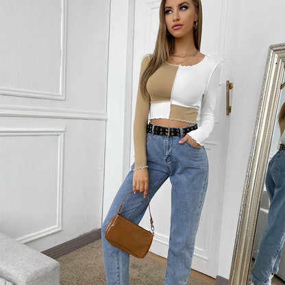 Round Neck Splicing T-Shirts Crop Tops Shirts
