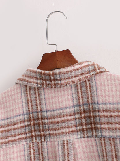 Single-breasted Pocket Geometry Plaid Elastic Sleeves Outerwear