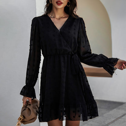 Lace-up V-neck Ruffled Flared Sleeve Mini Dresses