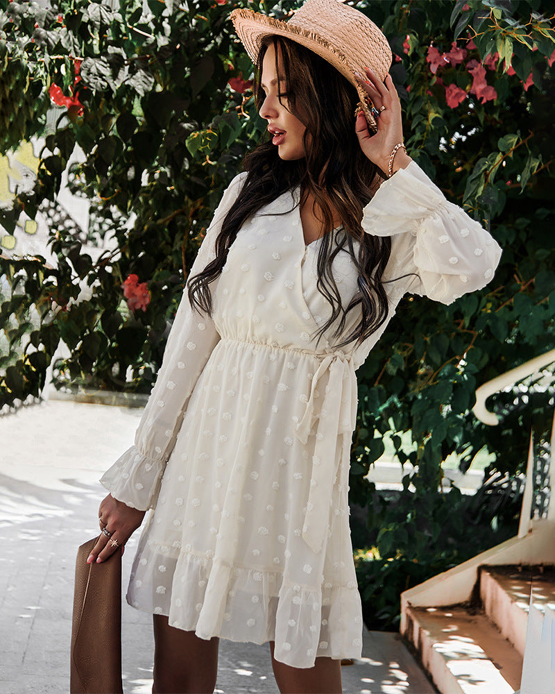 Lace-up V-neck Ruffled Flared Sleeve Mini Dresses