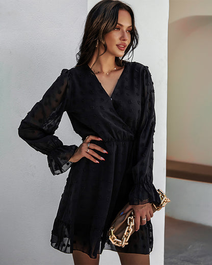 Lace-up V-neck Ruffled Flared Sleeve Mini Dresses