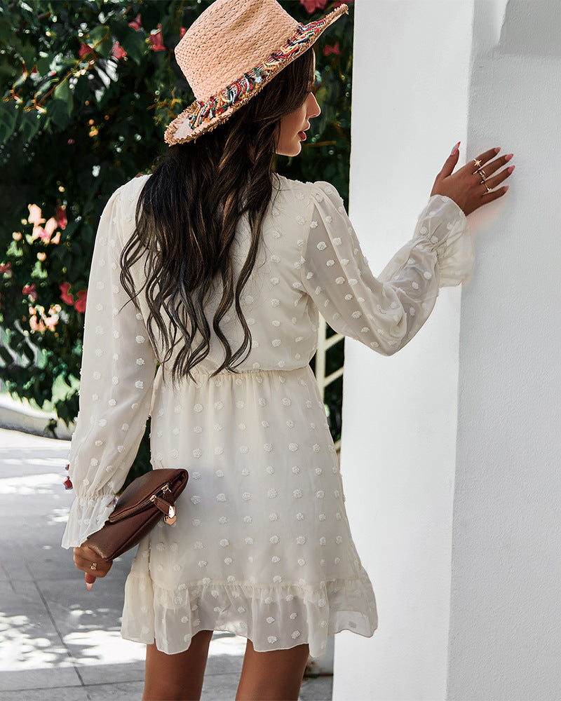 Lace-up V-neck Ruffled Flared Sleeve Mini Dresses