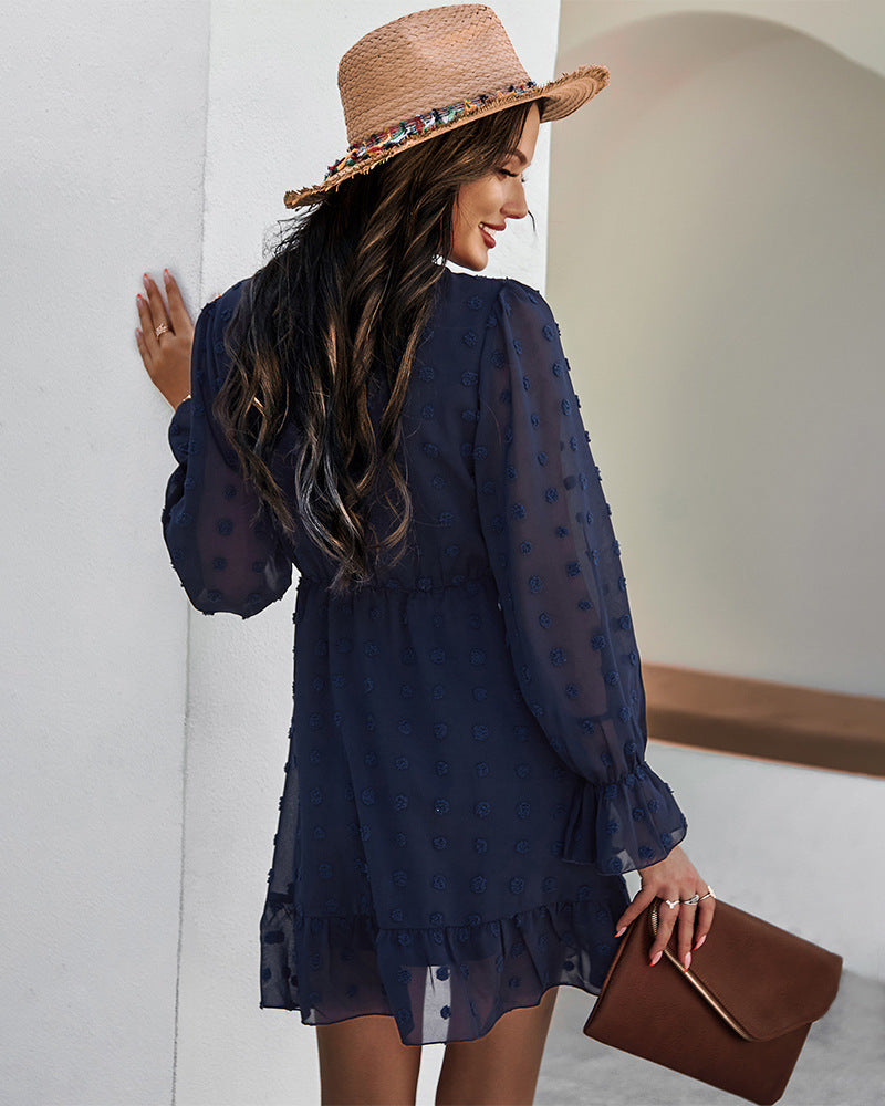 Lace-up V-neck Ruffled Flared Sleeve Mini Dresses