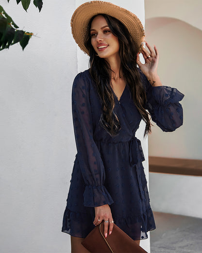Lace-up V-neck Ruffled Flared Sleeve Mini Dresses