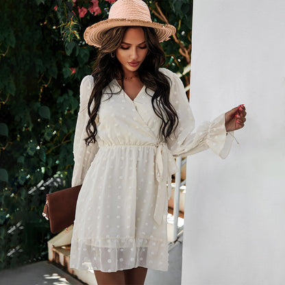 Lace-up V-neck Ruffled Flared Sleeve Mini Dresses