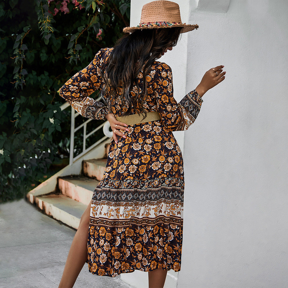Floral V-neck Lace Slit Leg Maxi Midi Dresses
