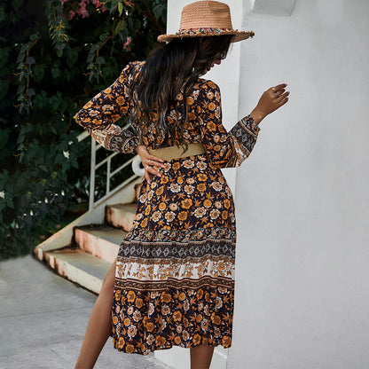 Floral V-neck Lace Slit Leg Maxi Midi Dresses