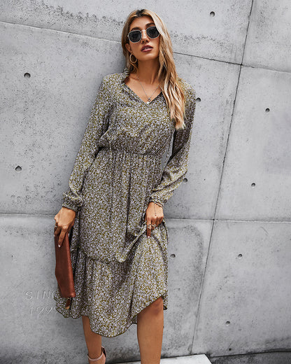Floral V-neck Ruffles Elastic Waist Midi Dresses