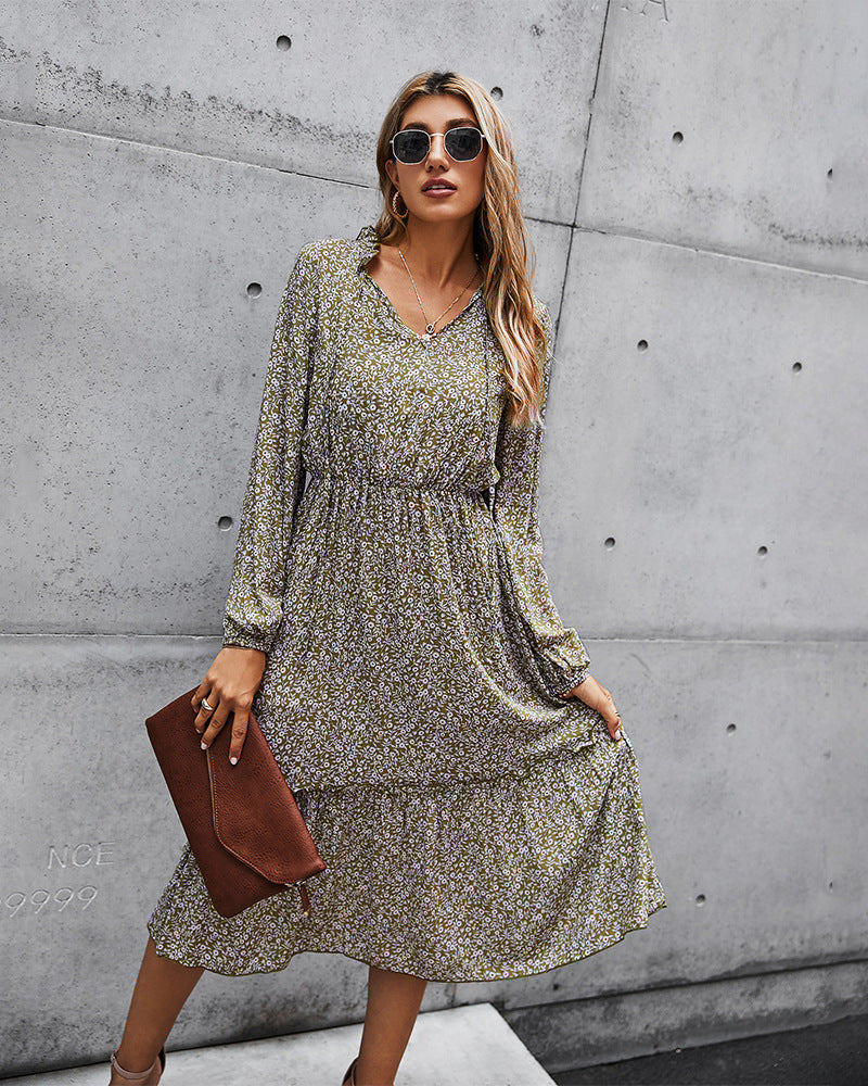Floral V-neck Ruffles Elastic Waist Midi Dresses
