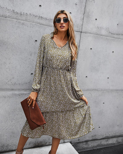 Floral V-neck Ruffles Elastic Waist Midi Dresses