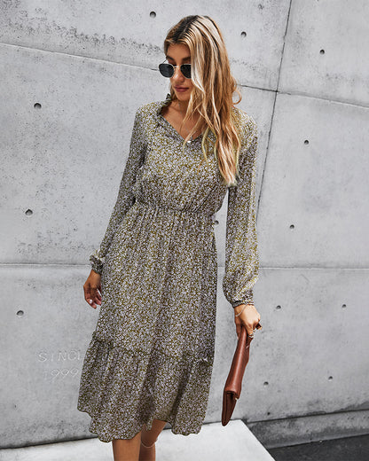 Floral V-neck Ruffles Elastic Waist Midi Dresses