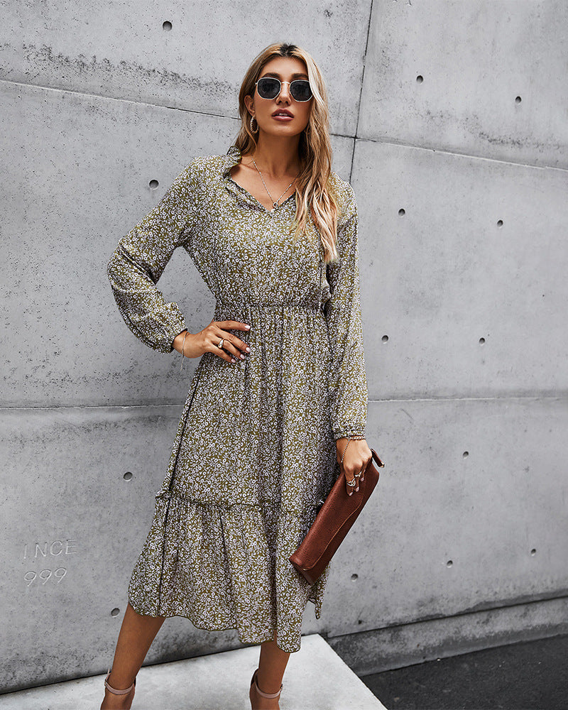 Floral V-neck Ruffles Elastic Waist Midi Dresses