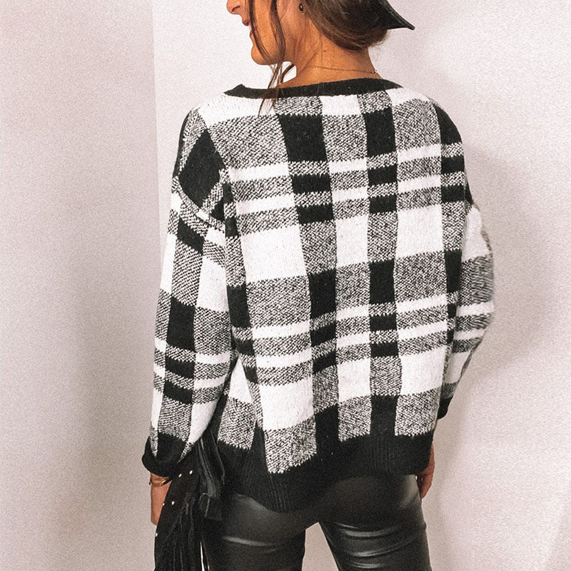 Houndstooth Round Collar Knit Plaid Blouses