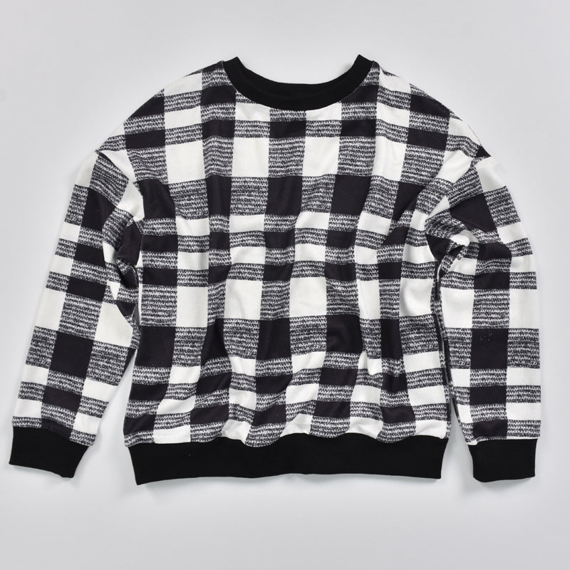 Houndstooth Round Collar Knit Plaid Blouses