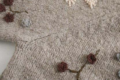 Round Neck Knit Beaded Floral Sweaters