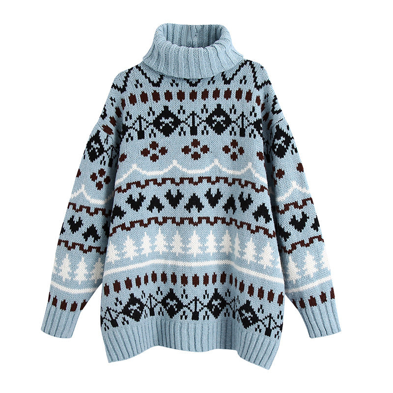 Argyle Pattern Christmas Tree High-collar Sweaters Mini Dresses