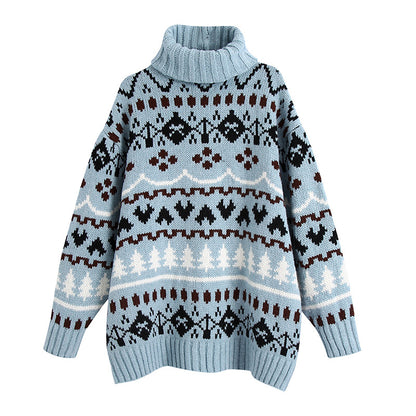 Argyle Pattern Christmas Tree High-collar Sweaters Mini Dresses