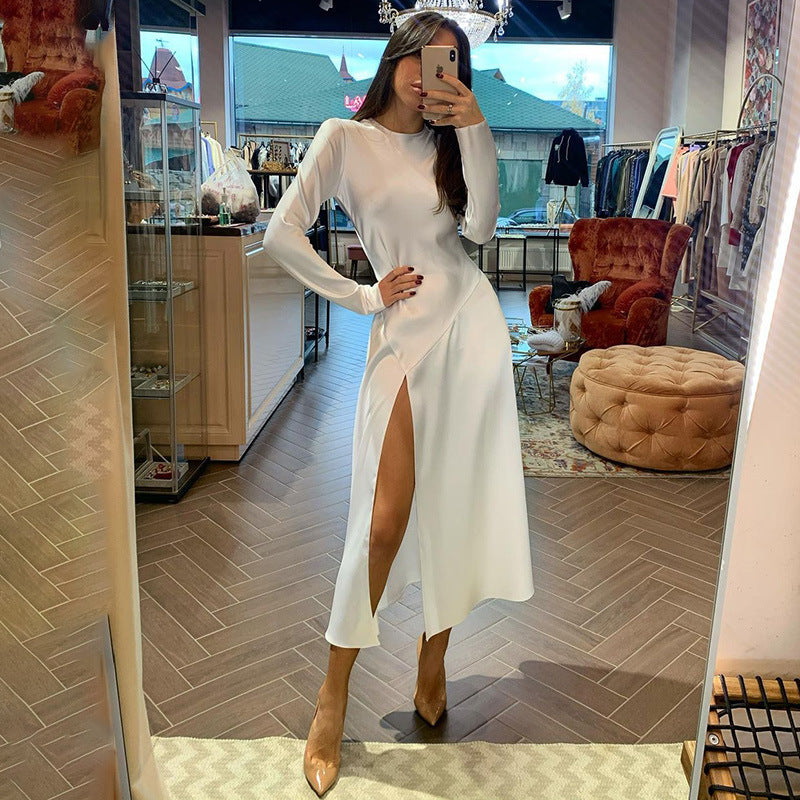 Round Neck Slit Leg Silk Party Maxi Midi Dresses