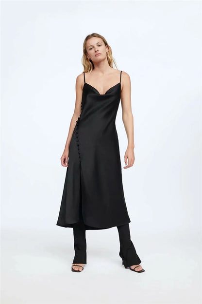 Sling Backless Silk Satin Slit Leg Midi Dresses