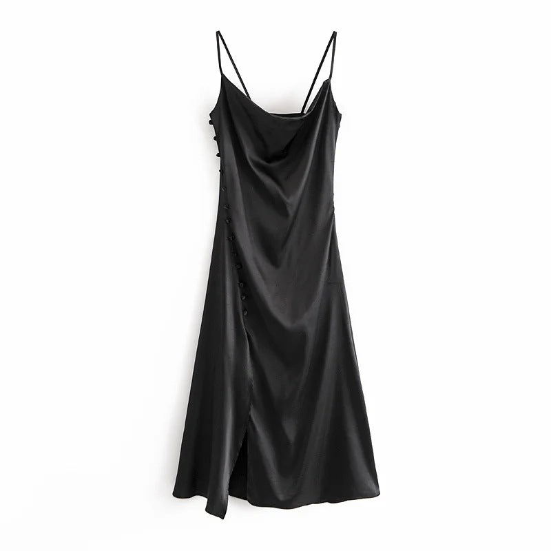 Sling Backless Silk Satin Slit Leg Midi Dresses Blue