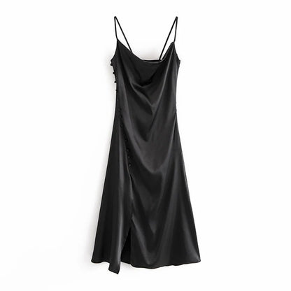 Sling Backless Silk Satin Slit Leg Midi Dresses Blue