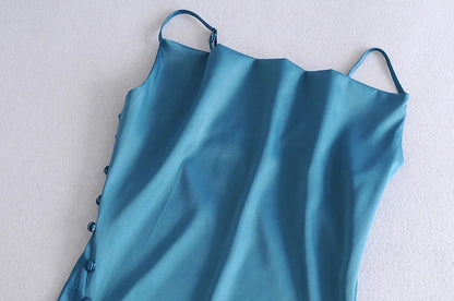 Sling Backless Silk Satin Slit Leg Midi Dresses Blue