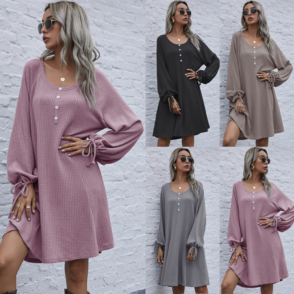 Lace-up Knit Round Neck Lantern Sleeve Mini Dresses