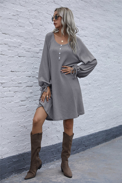 Lace-up Knit Round Neck Lantern Sleeve Mini Dresses