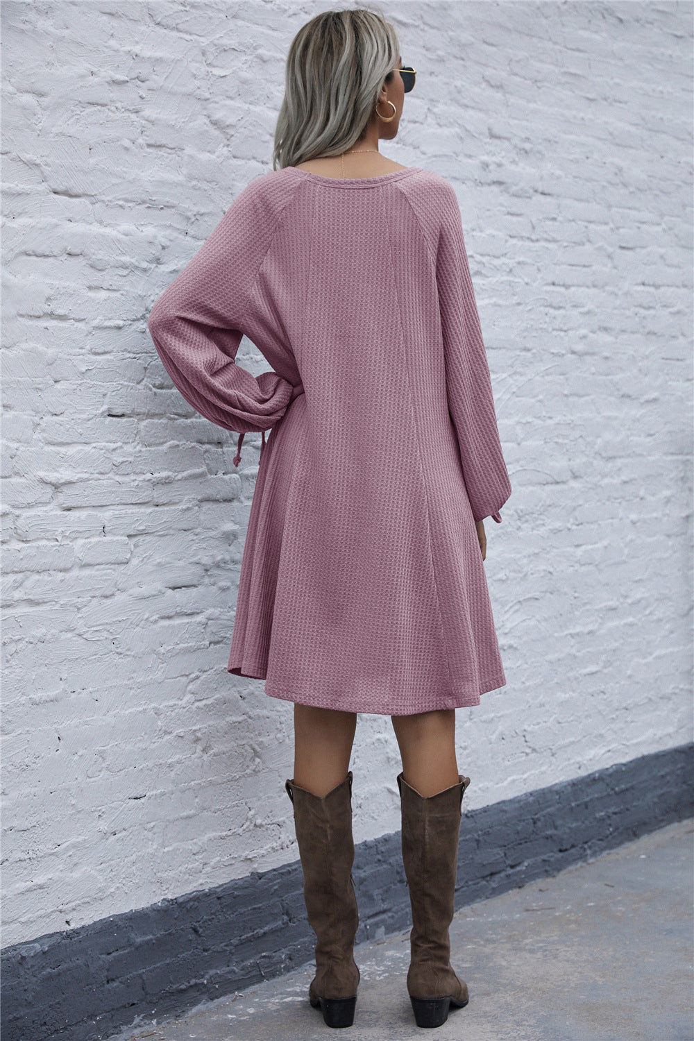 Lace-up Knit Round Neck Lantern Sleeve Mini Dresses