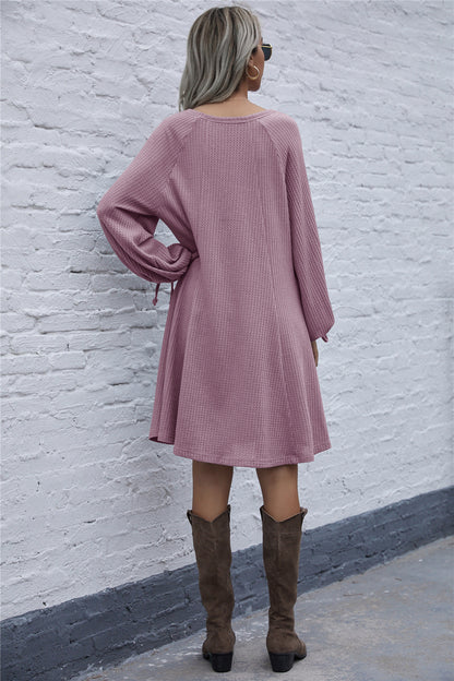 Lace-up Knit Round Neck Lantern Sleeve Mini Dresses
