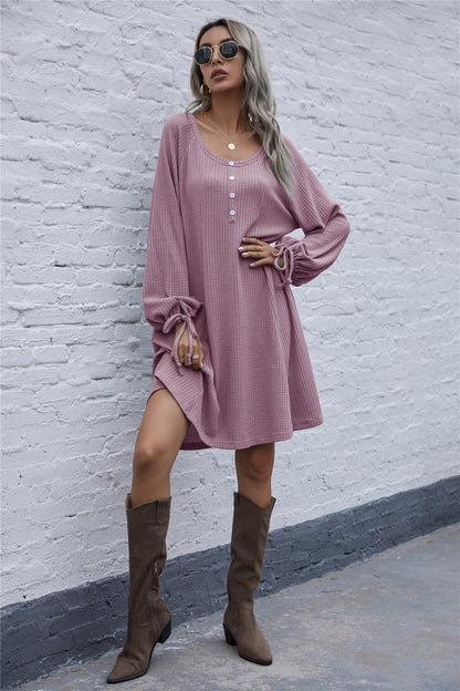 Lace-up Knit Round Neck Lantern Sleeve Mini Dresses