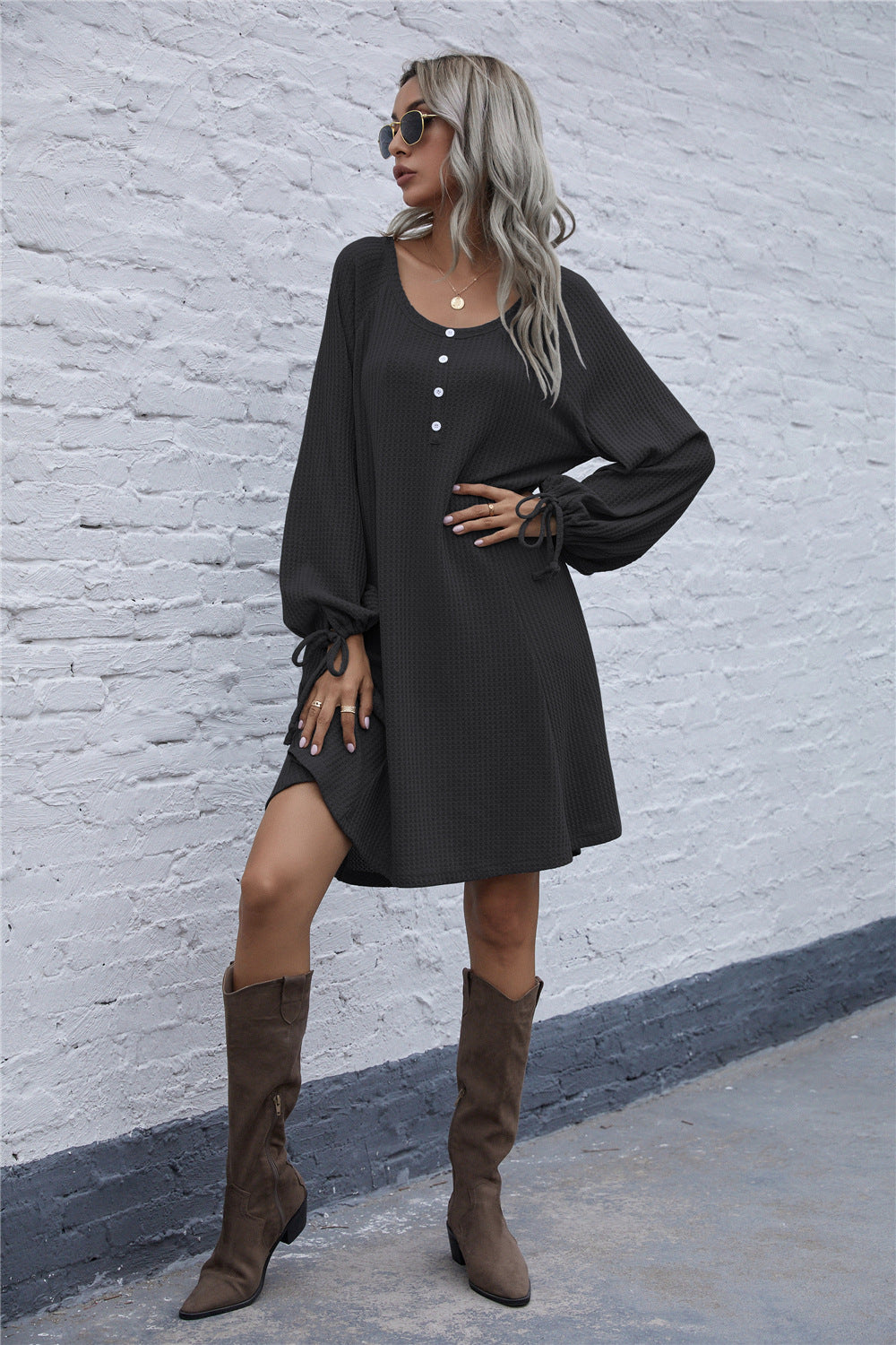 Lace-up Knit Round Neck Lantern Sleeve Mini Dresses